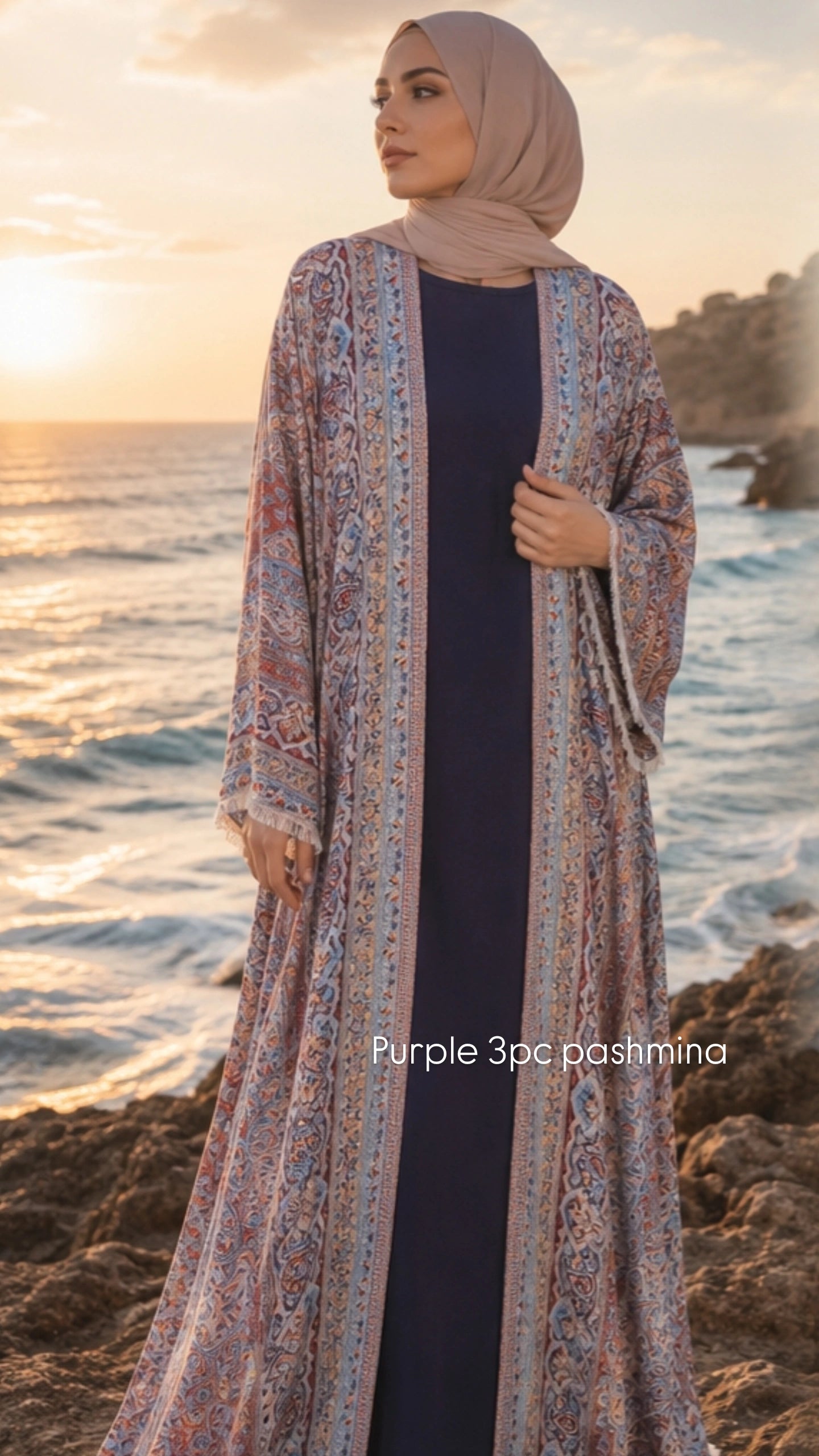3pc Pashmina Abaya with inner dress and full Pashmina shawl