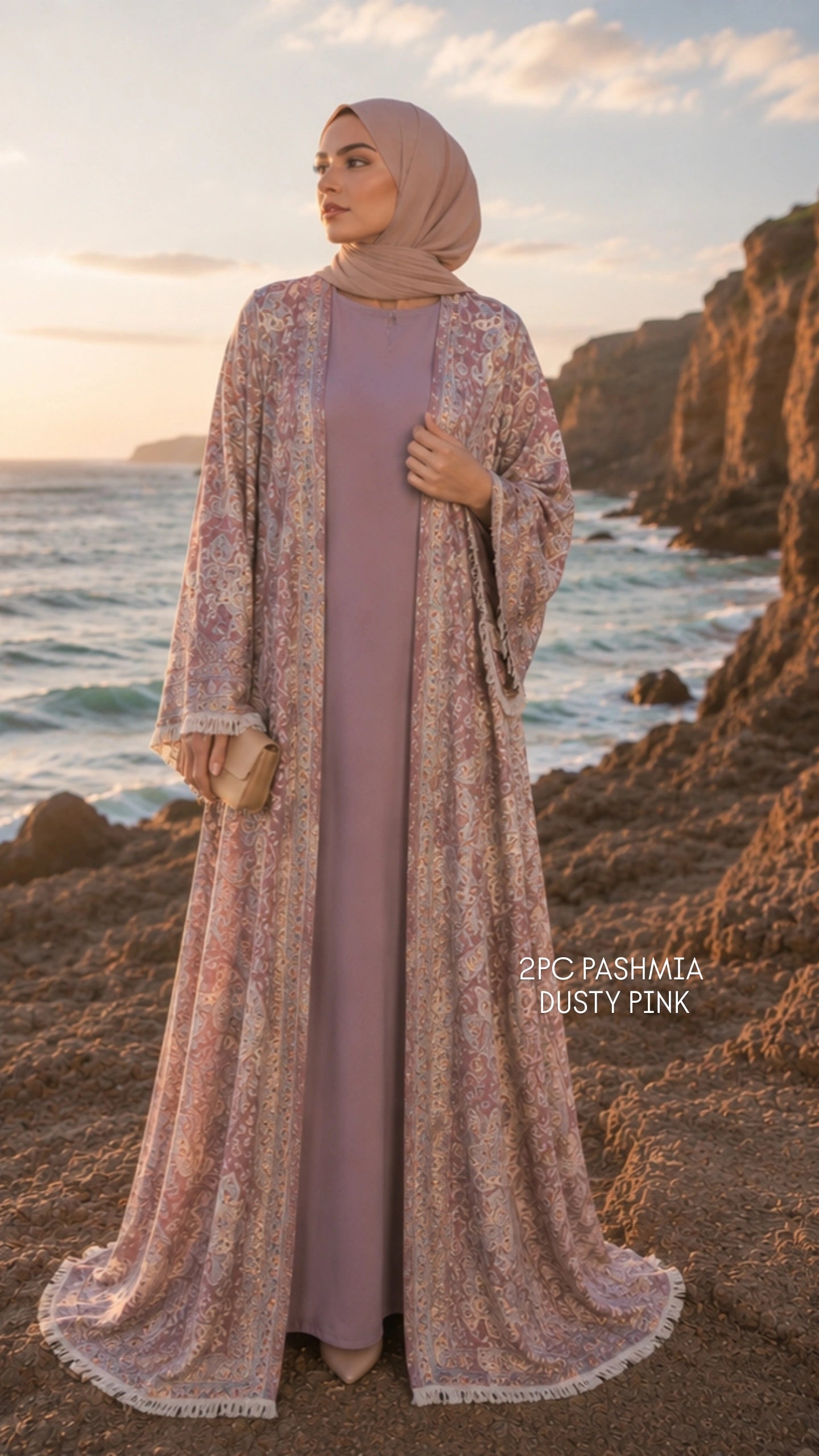 3pc Pashmina Abaya with inner dress and full Pashmina shawl