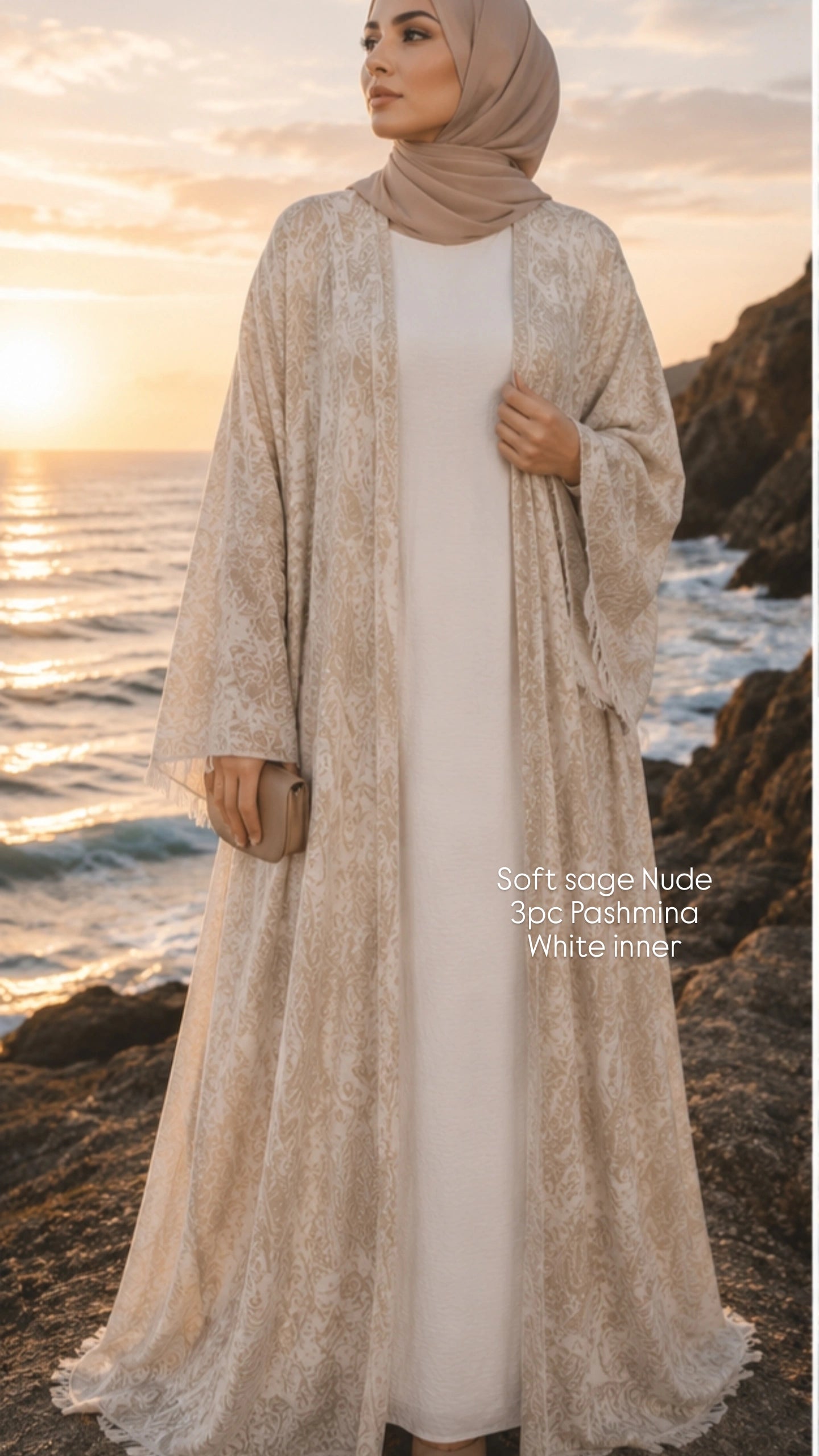 3pc Pashmina Abaya with inner dress and full Pashmina shawl