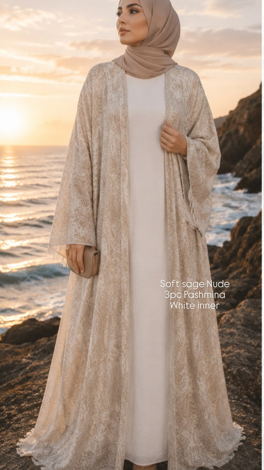 3pc Pashmina Abaya with inner dress and full Pashmina shawl