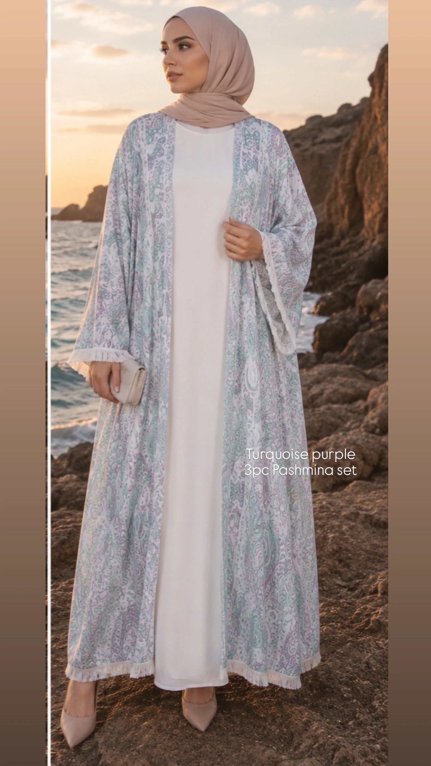 3pc Pashmina Abaya with inner dress and full Pashmina shawl