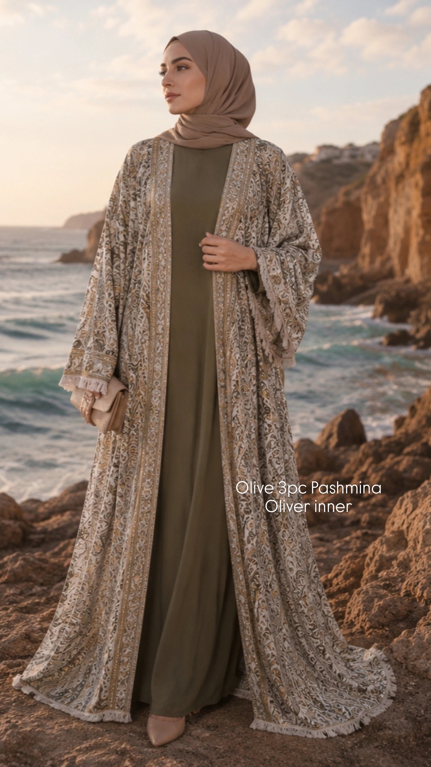 3pc Pashmina Abaya with inner dress and full Pashmina shawl