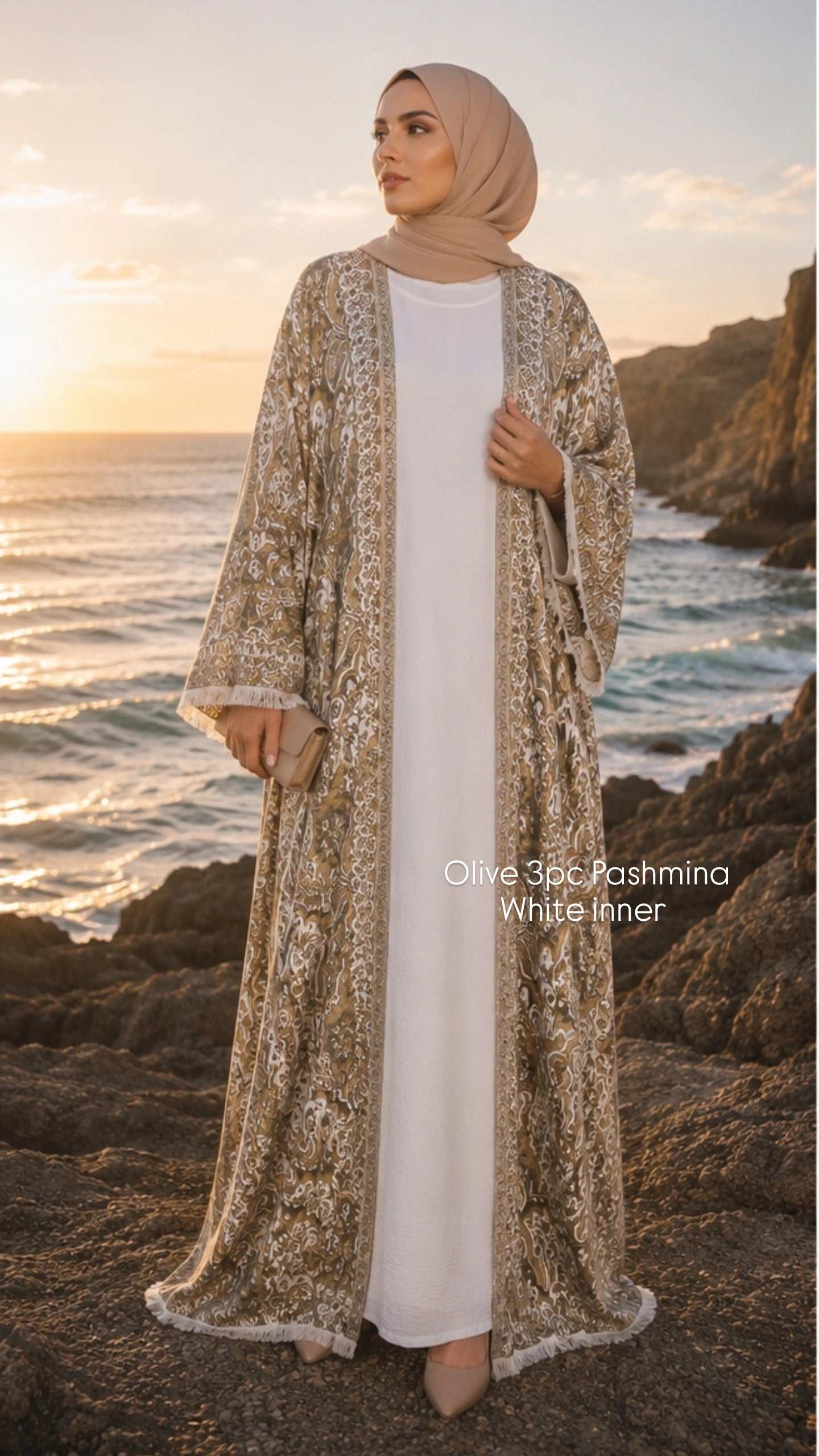 3pc Pashmina Abaya with inner dress and full Pashmina shawl