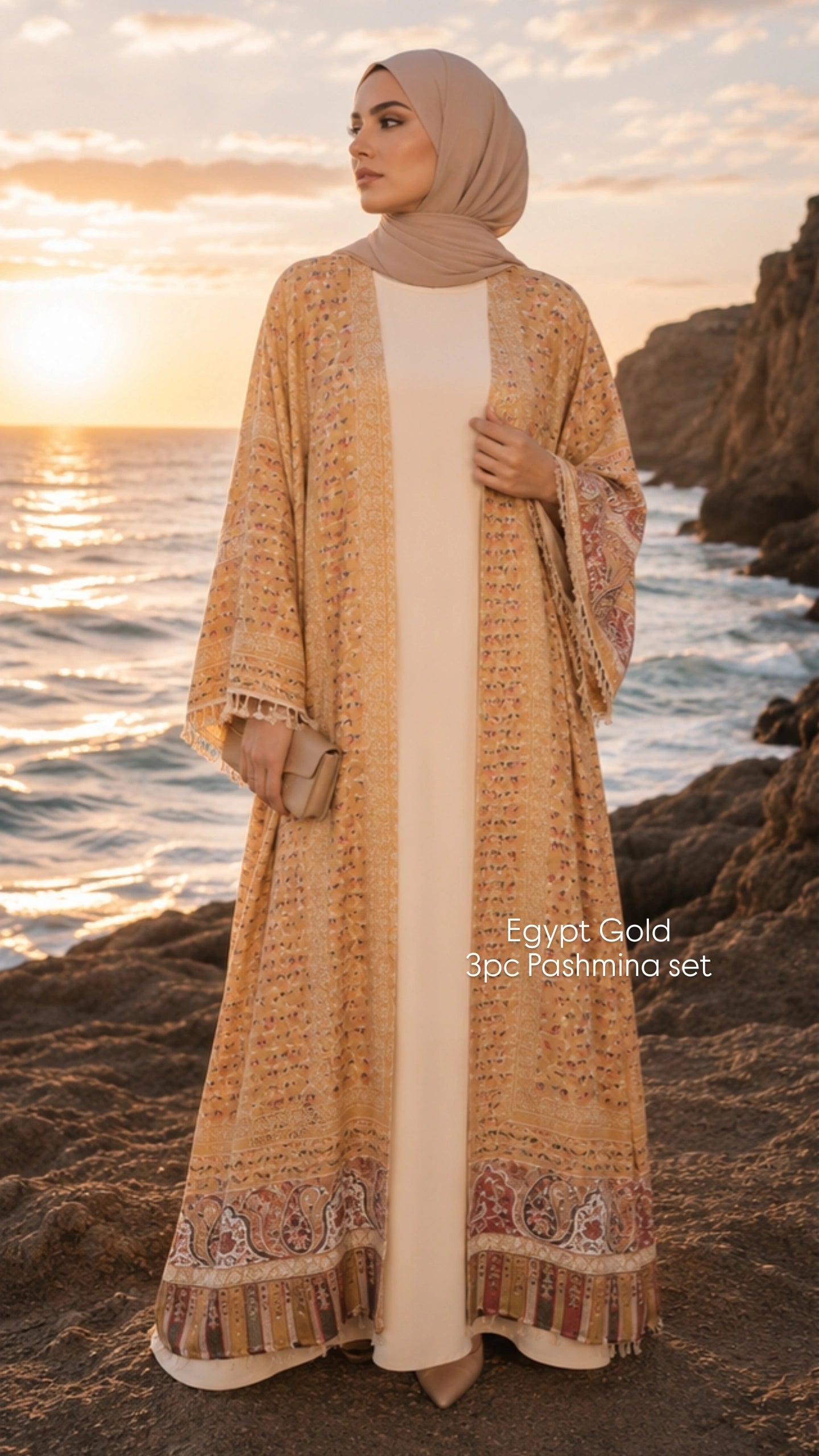 3pc Pashmina Abaya with inner dress and full Pashmina shawl
