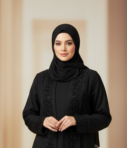 Raheel Black straight cut 3 Pc Abaya Set